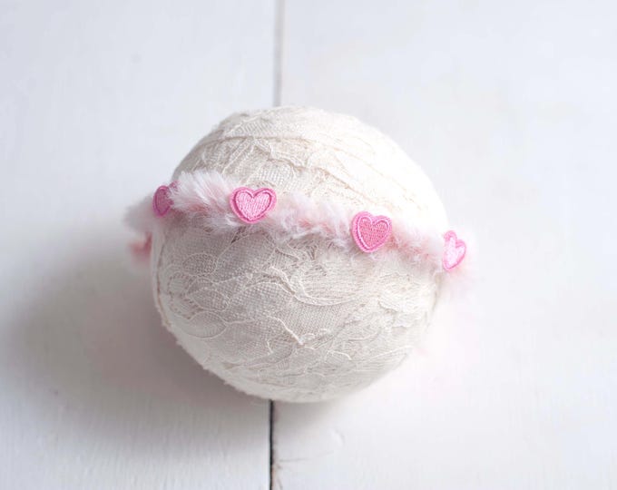 Pink Heart Fuzzy Tieback Headband For Baby and Newborn Photography Photo Prop, Canada Photo Prop Vendor, Valentines Tieback