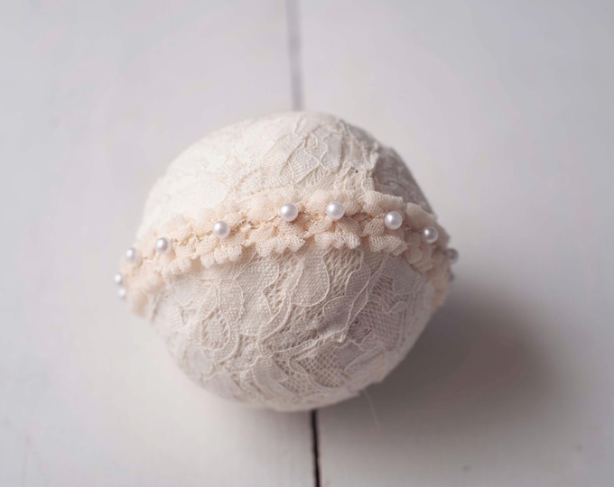 Cream Pearl Ruffled Tulle Headband For Newborn, Sitter, Baptism Photography Photo Prop