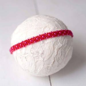 Dainty Deep Pink Beaded Pearl Headband For Newborn, Sitter Baby, Baptism, Photography Photo Prop