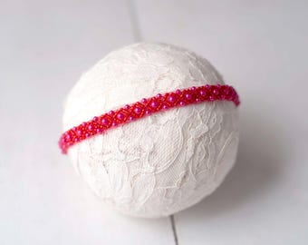 Dainty Deep Pink Beaded Pearl Headband For Newborn, Sitter Baby, Baptism, Photography Photo Prop