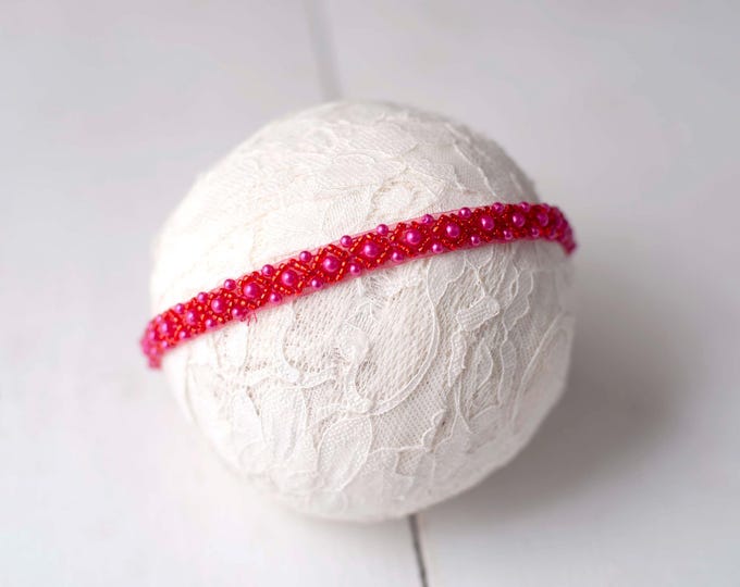 Dainty Deep Pink Beaded Pearl Headband For Newborn, Sitter Baby, Baptism, Photography Photo Prop