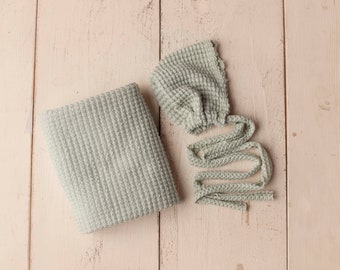 Light Sage Newborn Weave Texture Knit Stretch Fringe Wrap And Bonnet Hat For Newborn Photography