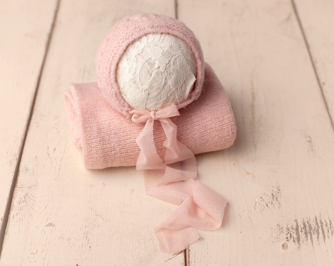 Crepe Pink Sweater Knit Bonnet and Stretch Sweater Wrap Newborn Photography Set