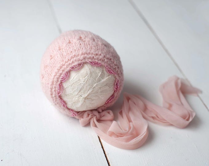 Crepe Pink Beaded Trim Sweater Knit Bonnet for Newborn Photography