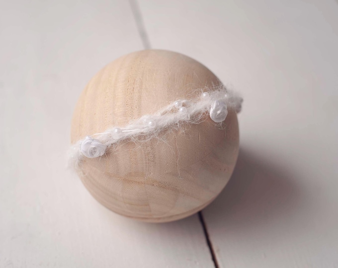 Ivory Off White Beaded Rosette Braided Tieback Headband For Baby and Newborn Photography Photo Prop
