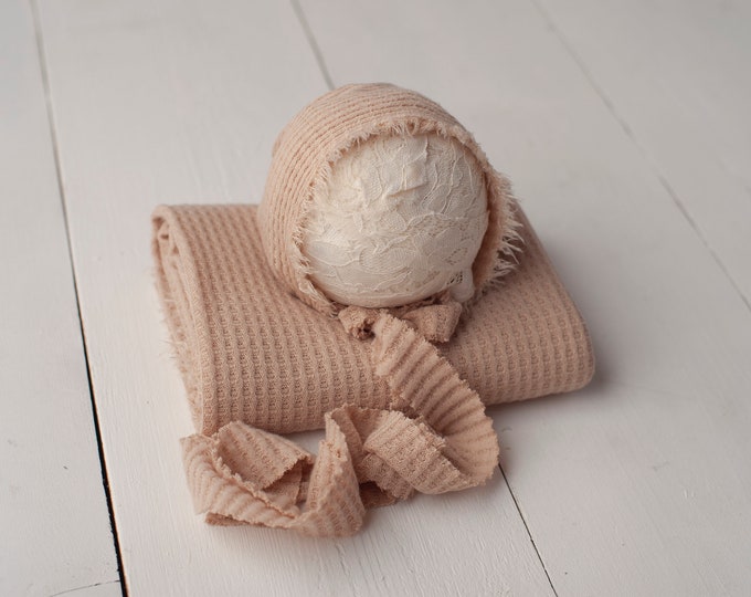Tan Newborn Waffle Texture Knit Stretch Fringe Wrap And Bonnet Hat Set, Newborn Photo Props