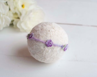 Purple Floral Applique On Mohair Tieback For Newborn Photography Photo Prop