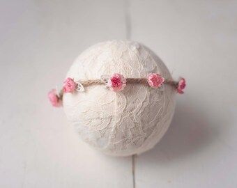 Pink Rosebud Jute Headband for Newborn Photography Prop