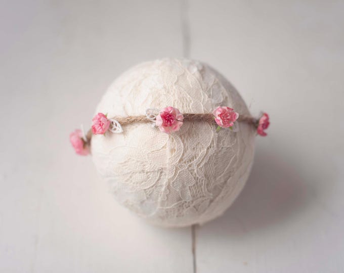 Pink Rosebud Jute Headband for Newborn Photography Prop