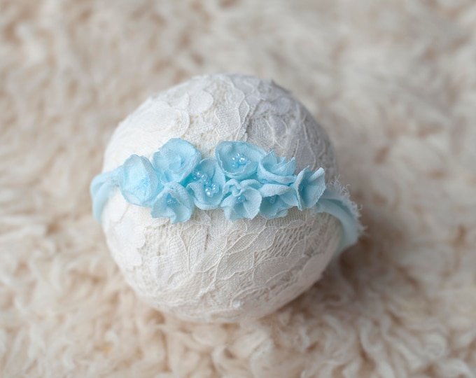 Blue Chiffon Petal Dainty Beaded Headband for Newborn Photography Photo Prop