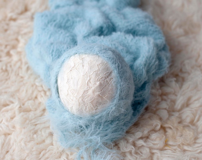 Blue Fuzzy Knit Soft Sweater Knit Bonnet and Sweater Wrap Newborn Photography Set for Newborn Photography