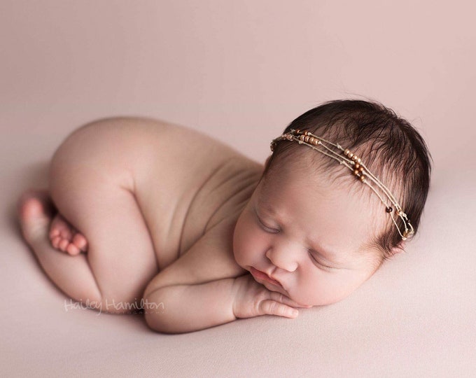 Beaded Rose Gold & Copper Newborn Dainty Tieback Headband Photo Prop