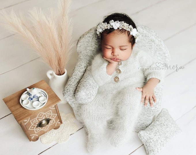 Light Gray Sidney Sleeper Fuzzy Knitted Footed  Newborn Romper for Newborn Photography, Gray Soft Knit Romper and Bonnet Newborn Out Set