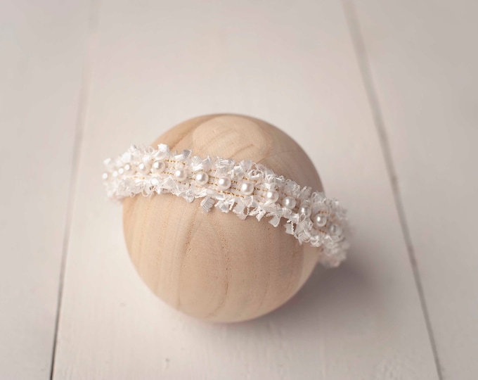 Ivory White Pearl Ruffled Tulle Headband For Newborn Photography Photo Prop