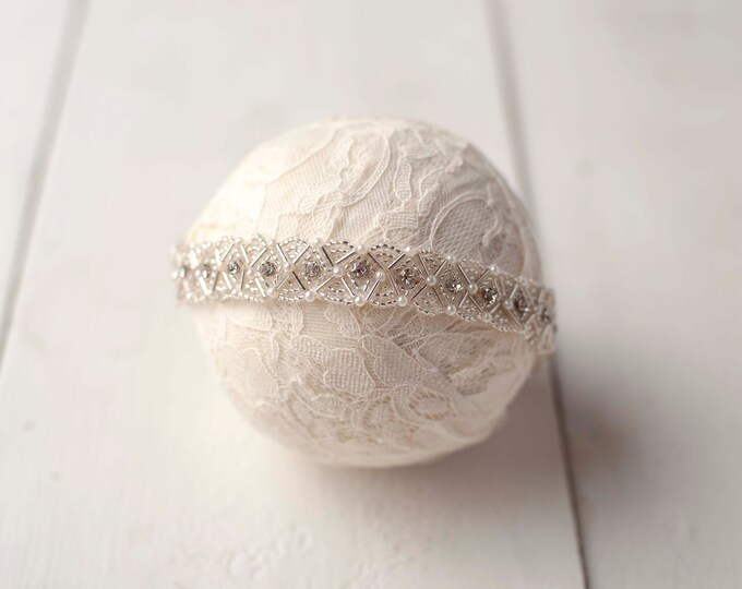 Dainty Ivory White Beaded Pearl Rhinestone Headband For Newborn Photography Photo Prop