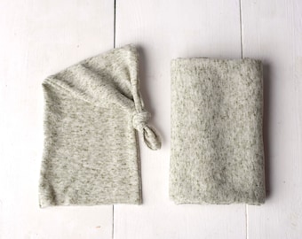 Speckle Green Gray Newborn Stretch Knit Unhemmed Raw Edge Knotted Sleepy Cap, Wrap for Newborn Photography Photo Prop