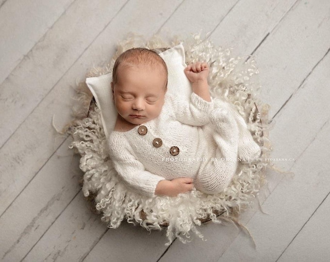 Ivory Off White Sidney Sleeper Fuzzy Knitted Footed  Newborn Romper for Newborn Photography, Soft Knit Romper and Bonnet Newborn Out Set