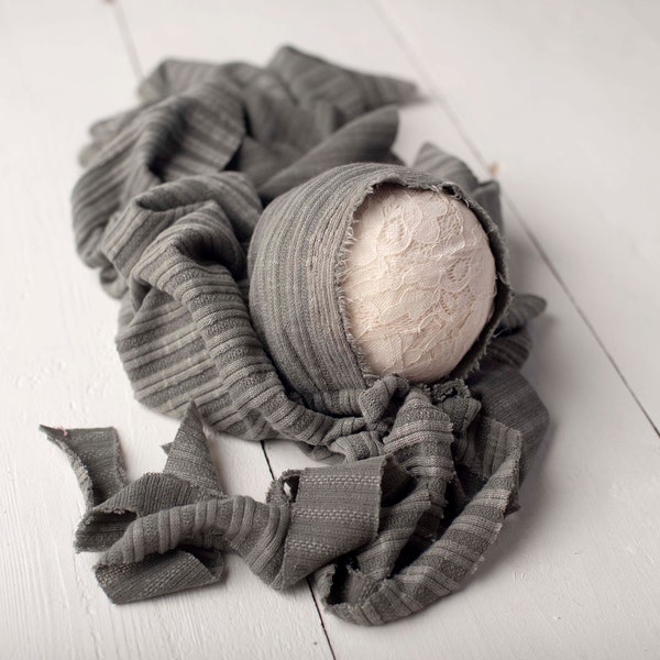 Dark Gray Newborn Ribbed Texture Knit Stretch Wrap And Bonnet Hat Set Newborn Photo Prop For Newborn Photography