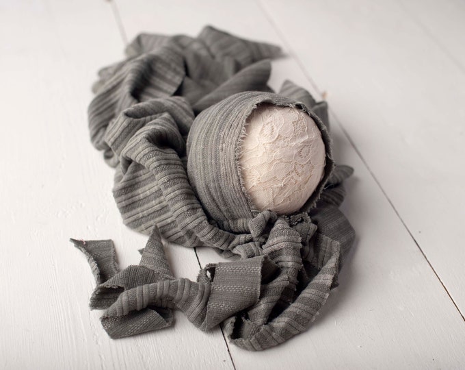 Dark Gray Newborn Ribbed Texture Knit Stretch Wrap And Bonnet Hat Set Newborn Photo Prop For Newborn Photography