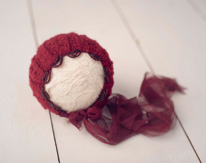 Deep Wine Red Beaded Trim Sweater Knit Bonnet for Newborn Photography
