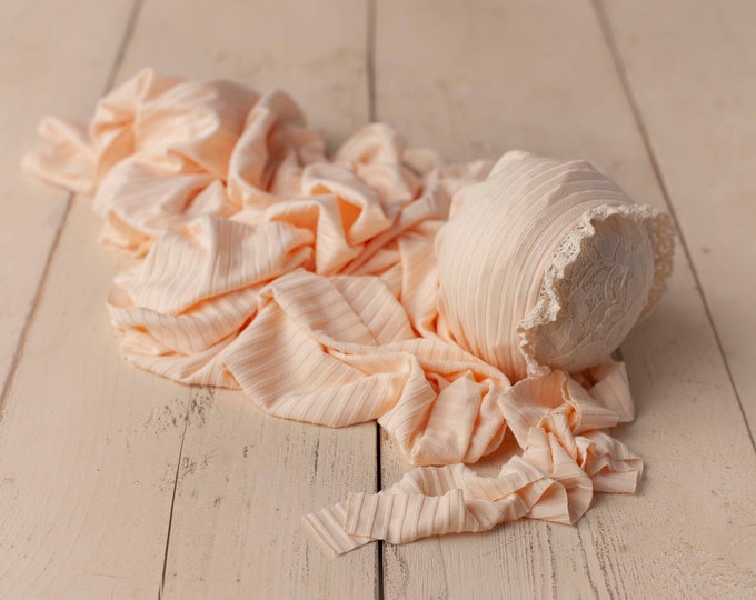 MYA- Creamy Soft Peach Ribbed Stretch Newborn Lace Trimmed Wrap & Bonnet Set Newborn Photo Prop