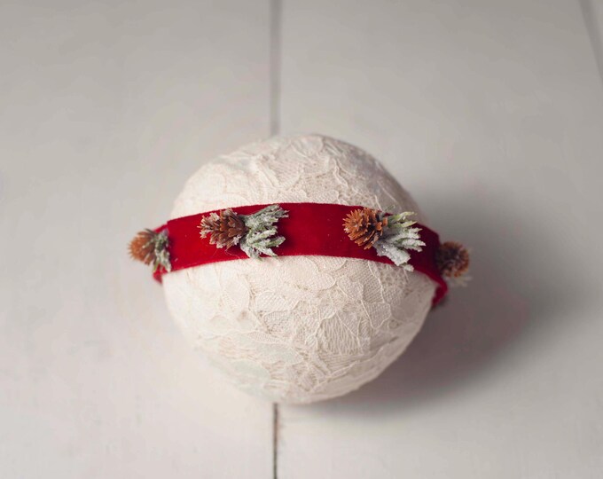 Red Velvet Pinecone Headband Christmas Holiday Newborn Headband Photo Prop