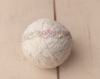 Delicate Lace Newborn Rainbow Baby Lace Tieback, Dainty Rainbow Baby Tieback, Rainbow Baby Photo Prop, Sitter Rainbow Halo