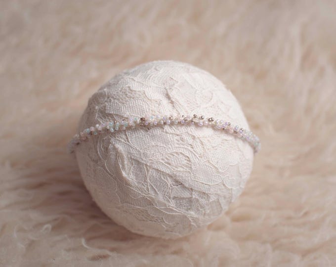 Iridescent Neutral Beaded Pearl Tieback Headband Pearl Beaded Baby and Newborn Tieback, Canada Photo Prop Vendor