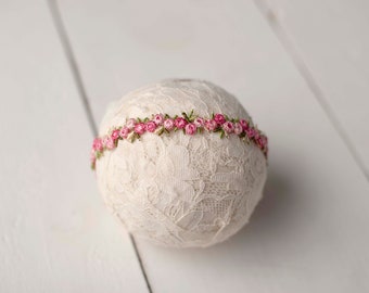 Dainty Pink Floral Embroidered Tieback Headband For Newborn Photography Photo Prop
