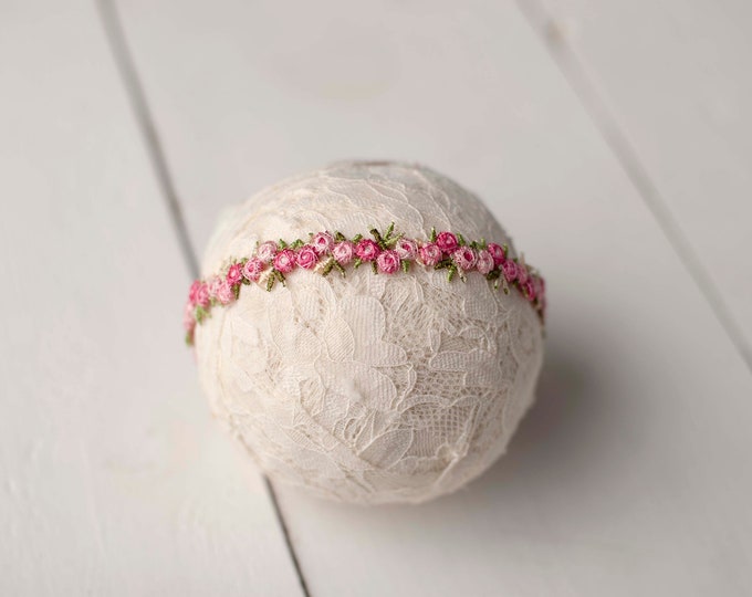 Dainty Pink Floral Embroidered Tieback Headband For Newborn Photography Photo Prop