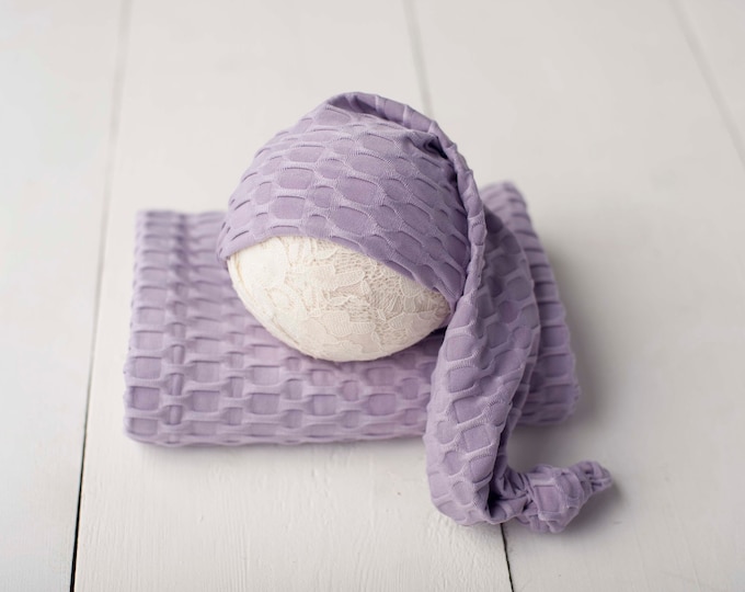 Lilac Purple Newborn Hexagon Texture Stretch Wrap And Knotted Sleepy Cap Set For Newborn Photography Photo Prop