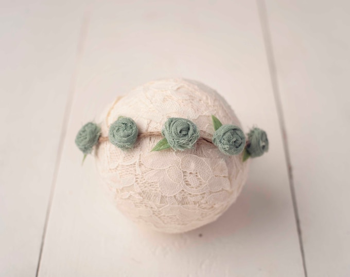 Sage Green Rosebud Tieback Headband for Newborn Photography Prop