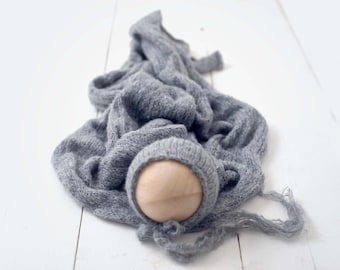Deep Gray Soft Sweater Knit Bonnet and Sweater Wrap Newborn Photography Set for Newborn Photography