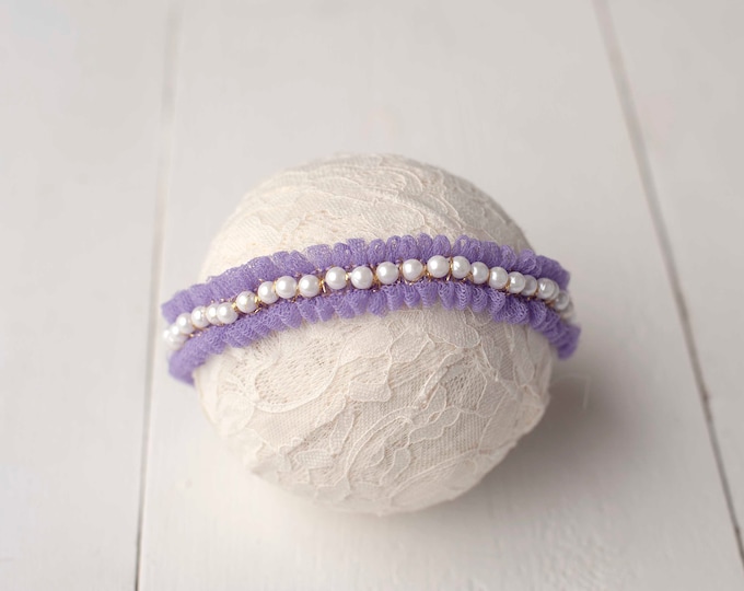 Lavender Purple Pearl Ruffled Tulle Headband For Newborn Photography Photo Prop