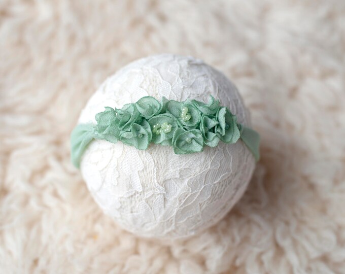 Seafoam Sage Chiffon Petal Dainty Beaded Headband for Newborn Photography Photo Prop