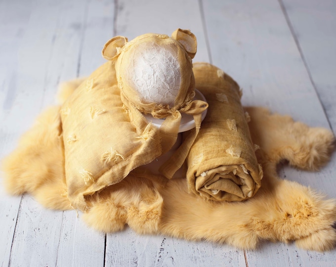 Golden Yellow  Coordinating Set With Wrap, Pillow, Ear Hat, and Rabbit Fur, Golden Yellow Newborn Photography Coordinating Prop Set