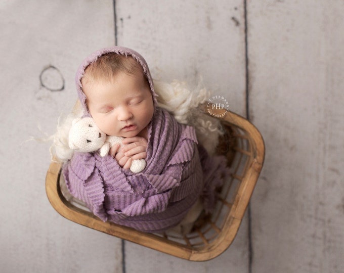 Lavender Purple Newborn Waffle Texture Grid Wrap Posing Fabric Set Newborn Photo Prop/ Newborn Fringe Knit Wrap/ Violet Purple Stretch Wrap