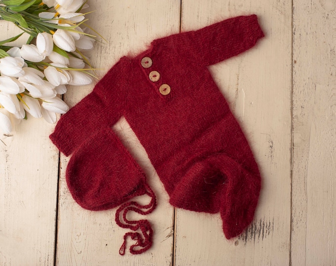 Red Sidney Sleeper Fuzzy Knitted Footed  Newborn Romper for Newborn Photography, Red Knit Romper and Bonnet Newborn Out Set