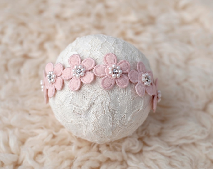 Soft Pink Flower Pearl Rhinestone Headband For Newborn Photography Photo Prop