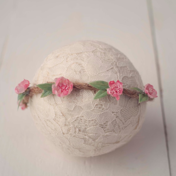 Pink Rosebud Jute Tieback for Newborn Photography Prop