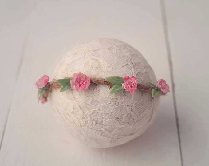 Pink Rosebud Jute Tieback for Newborn Photography Prop