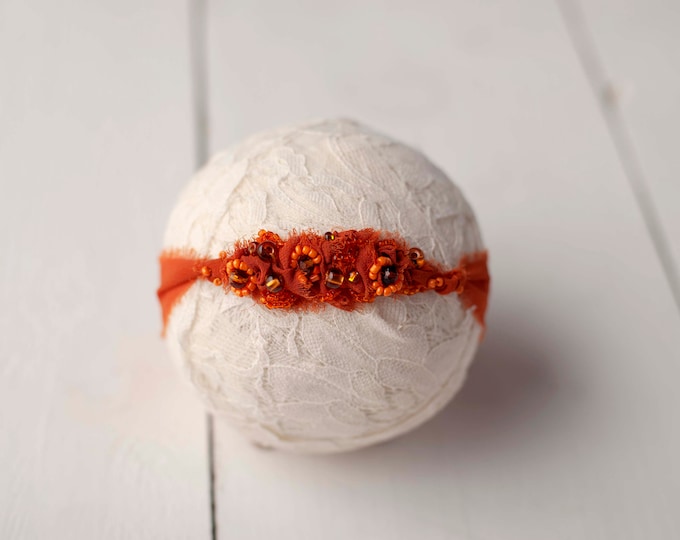 Burnt Orange Hand Beaded Silk Baby Girl Headband Newborn Photography Tieback