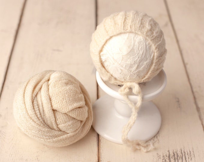 Cream Sweater Knit Bonnet and Stretch Sweater Wrap Newborn Photography Set