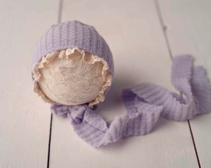 Lilac Purple Lace Trimmed Waffle Bonnet For Newborn Photography Photo Prop