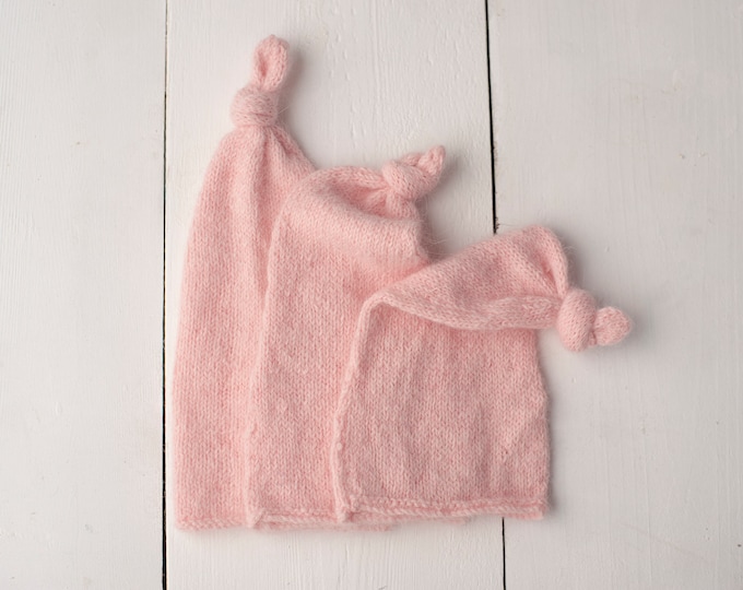 Pink Knotted Shortie Fuzzy Sleepy Cap Knitted for Newborn Photography Photo Prop