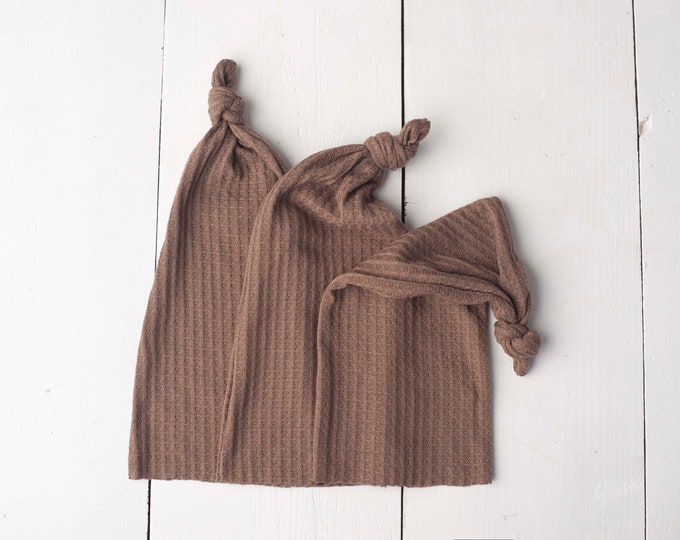 Dark Chocolate Brown Newborn Stretch Waffle Knit Unhemmed Raw Edge Knotted Sleepy Cap for Newborn Photography Photo Prop