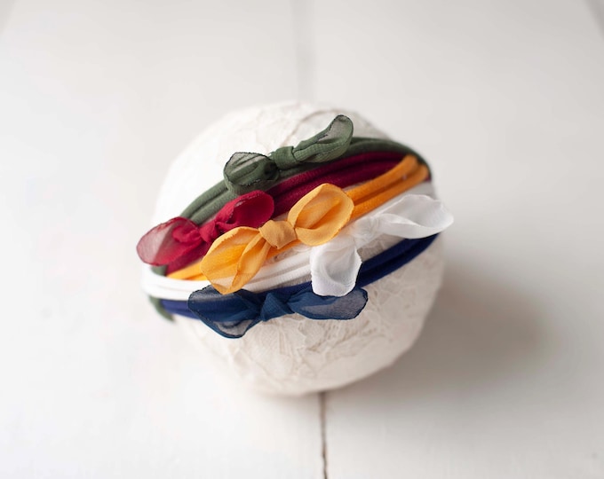Set of 5 Jersey Christmas Holiday Chiffon Bow Tieback Set in Red, Green, White, Navy Blue and Mustard for Newborn Photography Newborn Prop