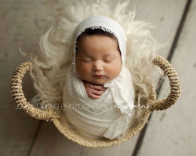 Ivory Off White Newborn Waffle Texture Knit Stretch Fringe Wrap And Bonnet Hat Set Newborn Photo Prop For Newborn Photography