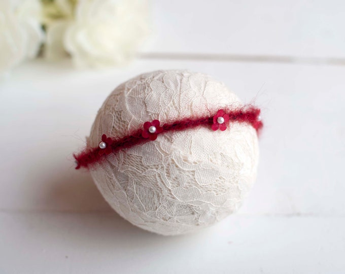 Red Pearl Petal On Mohair Headband For Newborn Photography Photo Prop