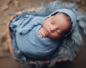 Blue Newborn Waffle Texture Knit Stretch Fringe Wrap And Bonnet Hat Set, Blue Sleepy Cap Set, Newborn Photo Props, Newborn Photo